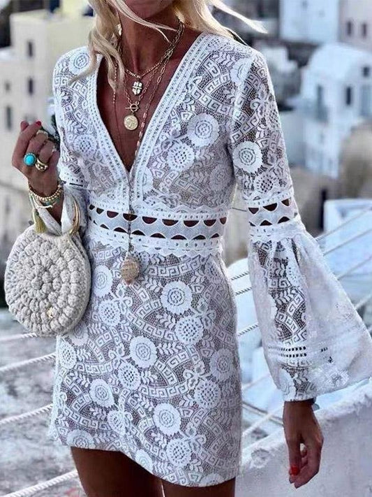 Deep V-Neck Hollow Lace Mini Dress - Mini Dresses - INS | Online Fashion Free Shipping Clothing, Dresses, Tops, Shoes - 30/07/2021 - 40-50 - Category_Mini Dresses