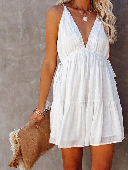 Deep V-Neck Sleeveless Lotus Leaf Stitching Dress - Mini Dresses - INS | Online Fashion Free Shipping Clothing, Dresses, Tops, Shoes - 20-30 - 23/07/2021 - Category_Mini Dresses