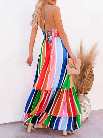Deep V Sleeveless Rainbow Stripe Long Dress - Maxi Dresses - INS | Online Fashion Free Shipping Clothing, Dresses, Tops, Shoes - 04/06/2021 - Color_Blue - DRE2106040049