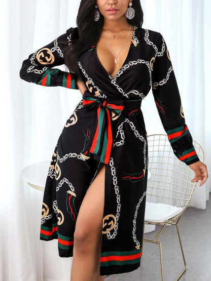 Deep V Slit Maxi Dress With Printed Belt - Maxi Dresses - INS | Online Fashion Free Shipping Clothing, Dresses, Tops, Shoes - 07/07/2021 - 30-40 - Category_Maxi Dresses