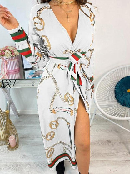 Deep V Slit Maxi Dress With Printed Belt - Maxi Dresses - INS | Online Fashion Free Shipping Clothing, Dresses, Tops, Shoes - 07/07/2021 - 30-40 - Category_Maxi Dresses