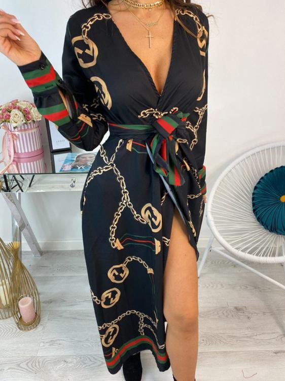 Deep V Slit Maxi Dress With Printed Belt - Maxi Dresses - INS | Online Fashion Free Shipping Clothing, Dresses, Tops, Shoes - 07/07/2021 - 30-40 - Category_Maxi Dresses