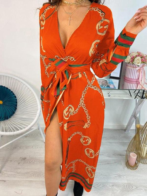 Deep V Slit Maxi Dress With Printed Belt - Maxi Dresses - INS | Online Fashion Free Shipping Clothing, Dresses, Tops, Shoes - 07/07/2021 - 30-40 - Category_Maxi Dresses