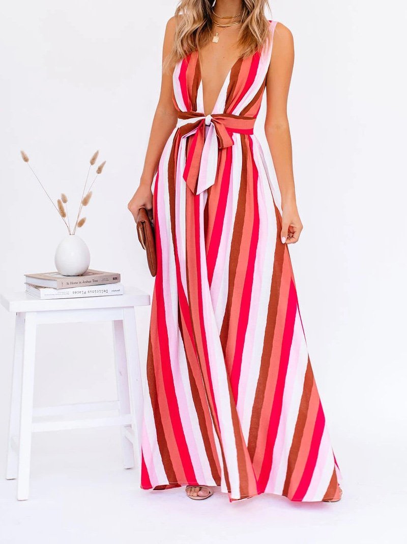 Deep V Striped Suspender Casual Dress - Maxi Dresses - INS | Online Fashion Free Shipping Clothing, Dresses, Tops, Shoes - 20-30 - 20/07/2021 - Category_Maxi Dresses