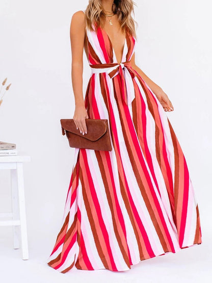 Deep V Striped Suspender Casual Dress - Maxi Dresses - INS | Online Fashion Free Shipping Clothing, Dresses, Tops, Shoes - 20-30 - 20/07/2021 - Category_Maxi Dresses