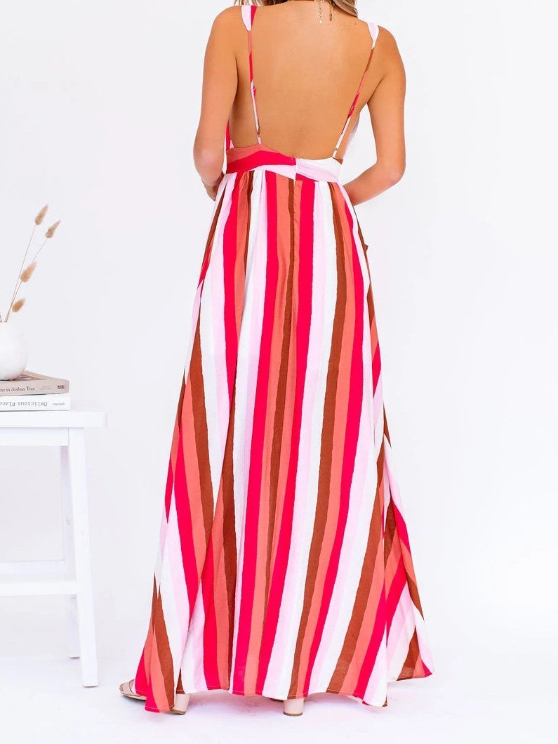 Deep V Striped Suspender Casual Dress - Maxi Dresses - INS | Online Fashion Free Shipping Clothing, Dresses, Tops, Shoes - 20-30 - 20/07/2021 - Category_Maxi Dresses