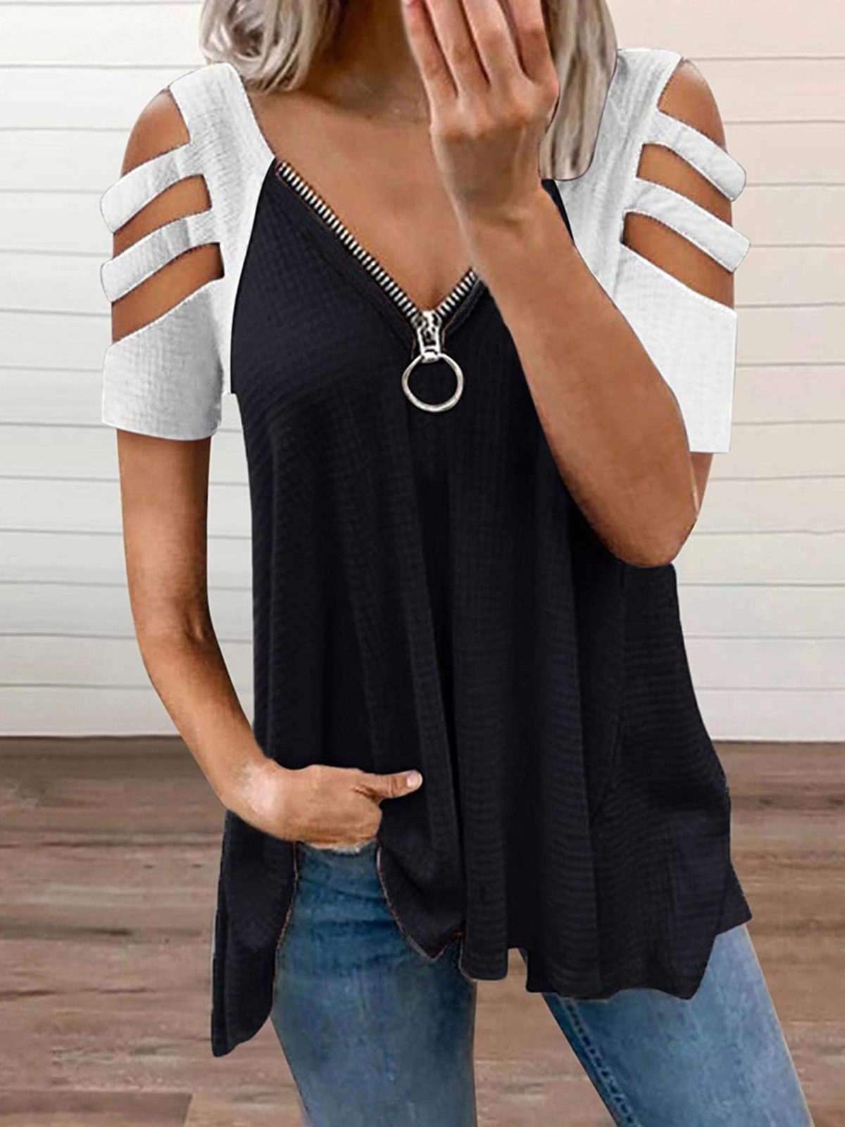 Deep V Zipper Contrast Off Shoulder Short Sleeve T-Shirt - T-Shirts - INS | Online Fashion Free Shipping Clothing, Dresses, Tops, Shoes - 10-20 - 17/06/2021 - Category_T-Shirts