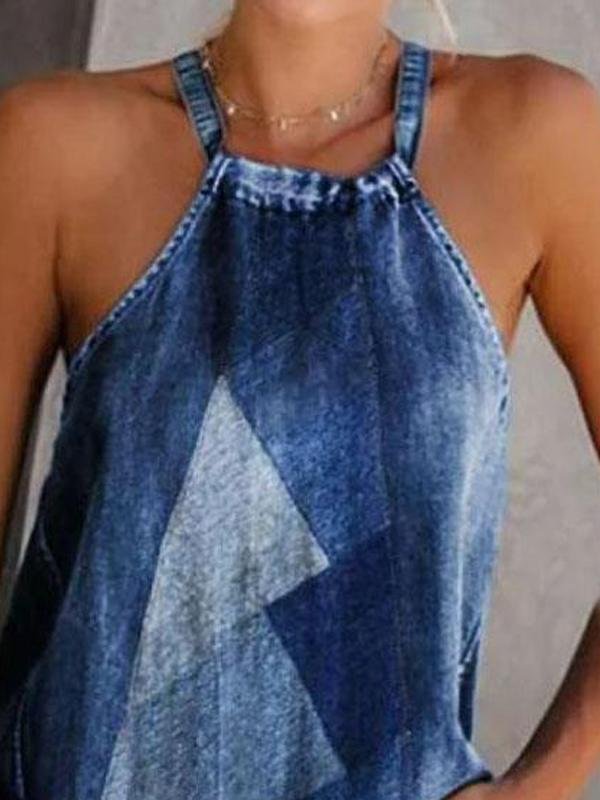 Denim Plain Sleeveless Halter Neck Tank - Tank Tops - INS | Online Fashion Free Shipping Clothing, Dresses, Tops, Shoes - 19/05/2021 - Color_Blue - Color_Geometric