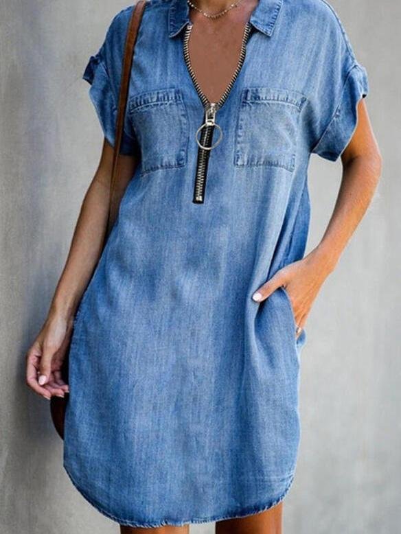 Denim Washed Short Sleeve Zipper Lapel Dress - Midi Dresses - INS | Online Fashion Free Shipping Clothing, Dresses, Tops, Shoes - 07/06/2021 - Category_Midi Dresses - Color_Blue