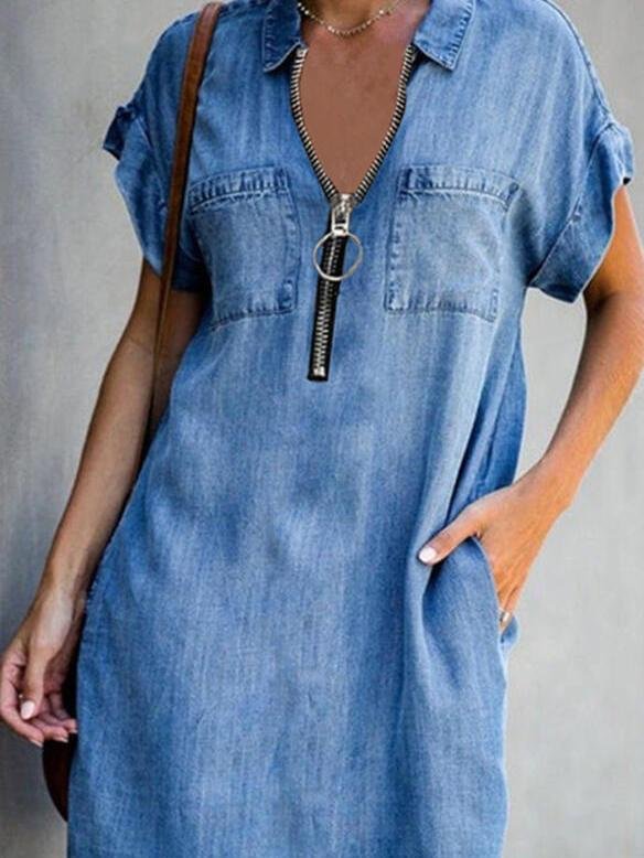 Denim Washed Short Sleeve Zipper Lapel Dress - Midi Dresses - INS | Online Fashion Free Shipping Clothing, Dresses, Tops, Shoes - 07/06/2021 - Category_Midi Dresses - Color_Blue