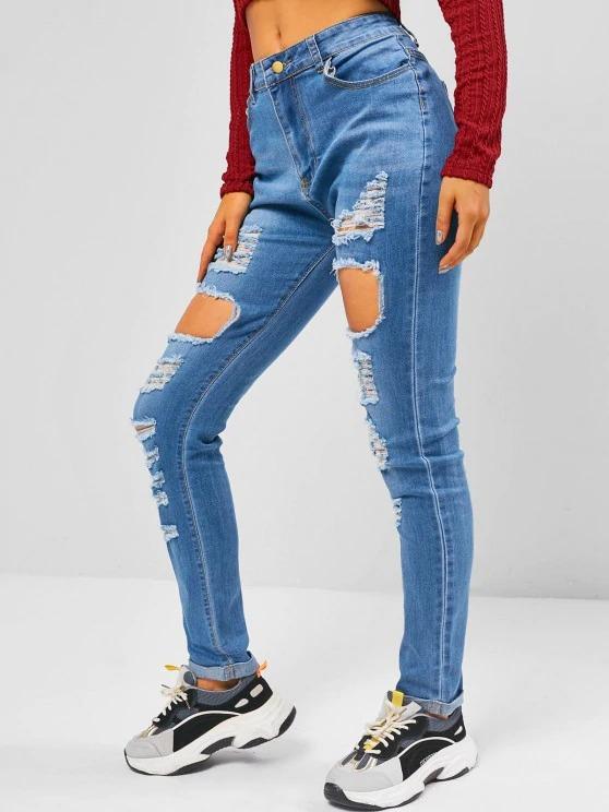 Destroyed Cuff Hem Skinny Jeans - INS | Online Fashion Free Shipping Clothing, Dresses, Tops, Shoes