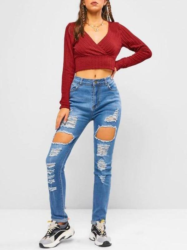 Destroyed Cuff Hem Skinny Jeans - Jeans - INS | Online Fashion Free Shipping Clothing, Dresses, Tops, Shoes - 02/08/2021 - Blue - Casual