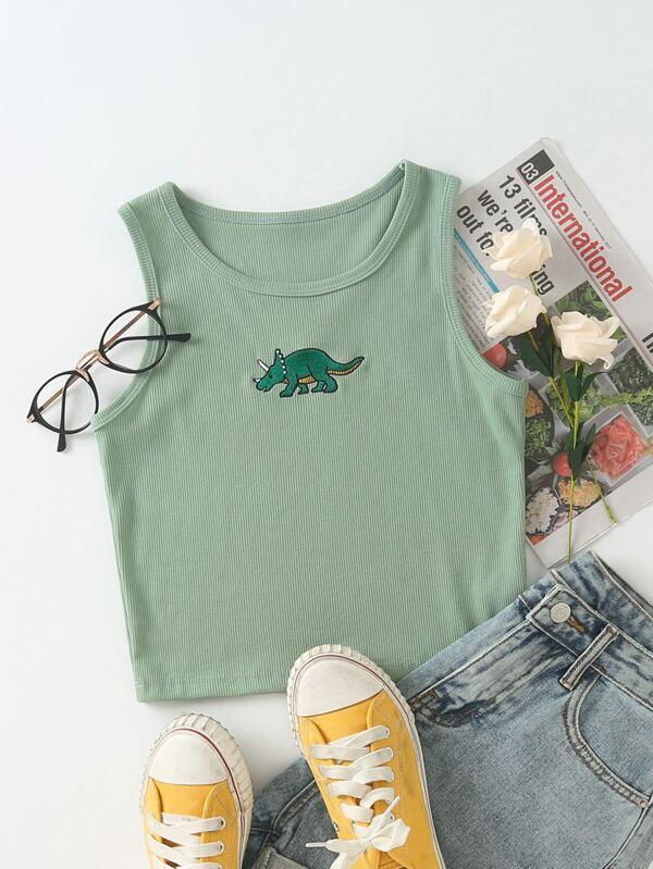 Dinosaur Embroidery Rib-knit Tank Top - INS | Online Fashion Free Shipping Clothing, Dresses, Tops, Shoes