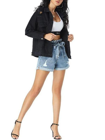 Distressed Drop Shoulder Chest Pocket Denim Jacket - Jackets - INS | Online Fashion Free Shipping Clothing, Dresses, Tops, Shoes - 02/08/2021 - Autumn - Black