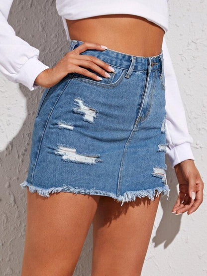 Distressed High-Rise Denim Mini Skirt - INS | Online Fashion Free Shipping Clothing, Dresses, Tops, Shoes
