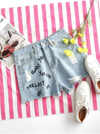 Distressed Letter Graphic Denim Shorts - INS | Online Fashion Free Shipping Clothing, Dresses, Tops, Shoes