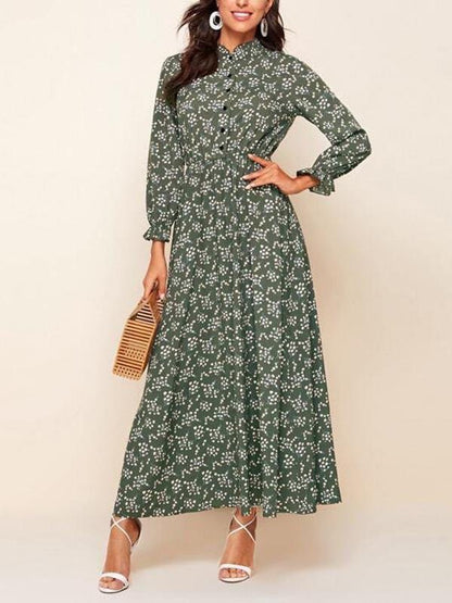 Ditsy Floral Flounce Sleeve Shirt Dress - Dresses - INS | Online Fashion Free Shipping Clothing, Dresses, Tops, Shoes - 01/27/2021 - chiffon-dress - Color_Green