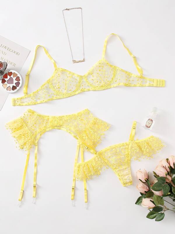 Ditsy Floral Sheer Mesh Garter Lingerie Set - INS | Online Fashion Free Shipping Clothing, Dresses, Tops, Shoes