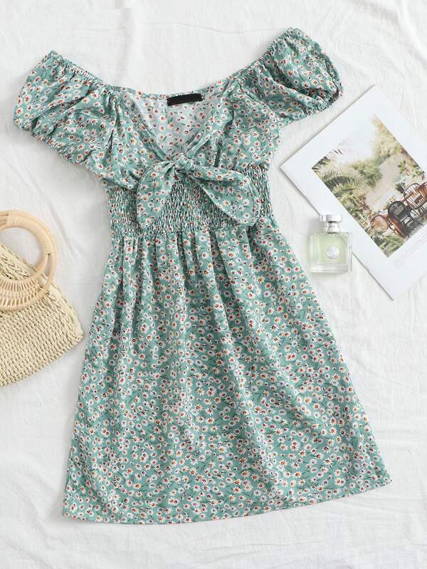 Ditsy Floral Smocked Puff Sleeves Mini Dress - INS | Online Fashion Free Shipping Clothing, Dresses, Tops, Shoes