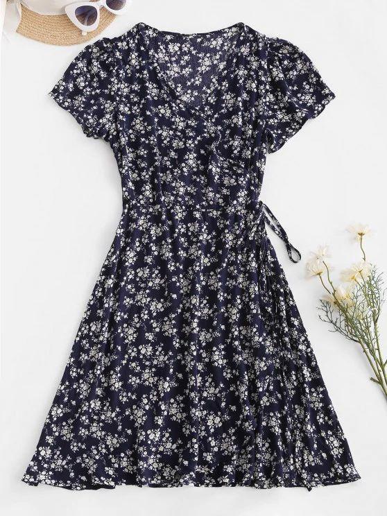 Ditsy Floral Wrap Mini Dress - Mini Dresses - INS | Online Fashion Free Shipping Clothing, Dresses, Tops, Shoes - 02/18/2021 - Casual - Color_Blue