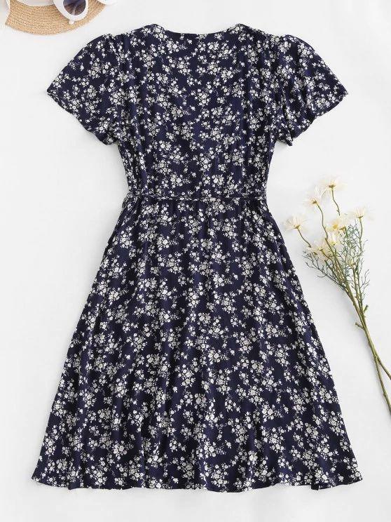 Ditsy Floral Wrap Mini Dress - Mini Dresses - INS | Online Fashion Free Shipping Clothing, Dresses, Tops, Shoes - 02/18/2021 - Casual - Color_Blue