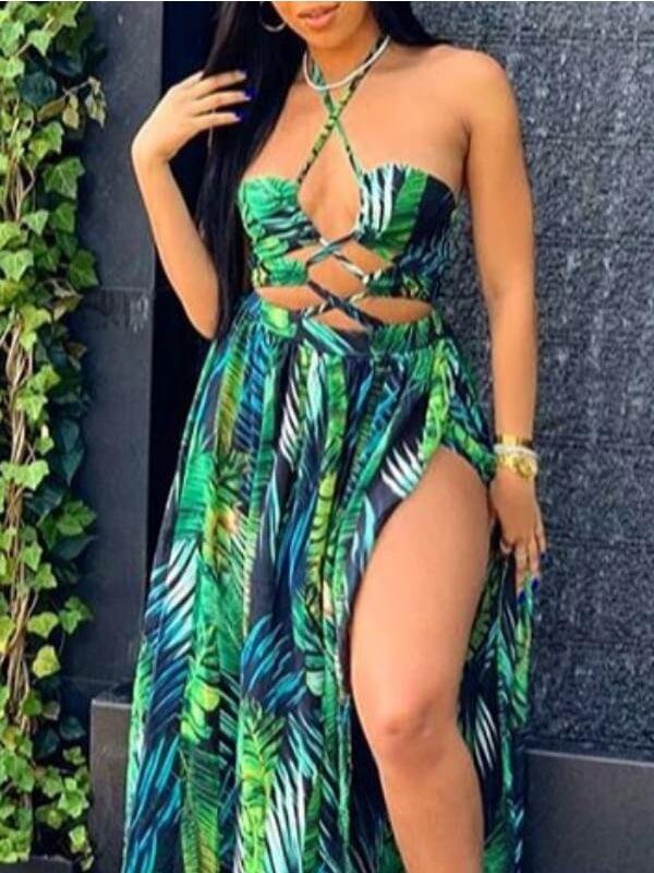 Ditsy Print Halter Neck Bandage Hollow-out Maxi Dress - Maxi Dresses - INS | Online Fashion Free Shipping Clothing, Dresses, Tops, Shoes - 23/04/2021 - chiffon-dress - Color_Dreen