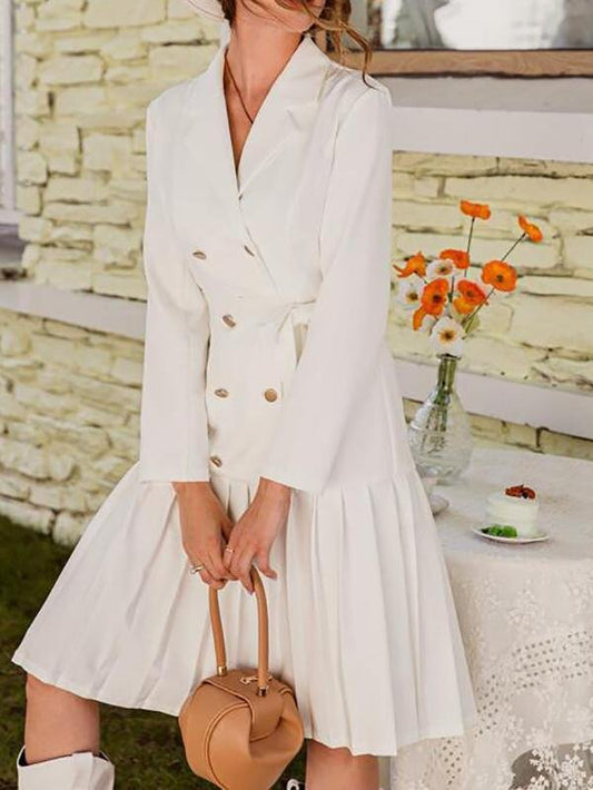 Double Button Belted Pleated Hem Dress - Dresses - INS | Online Fashion Free Shipping Clothing, Dresses, Tops, Shoes - Autumn - Color_White - Dresses