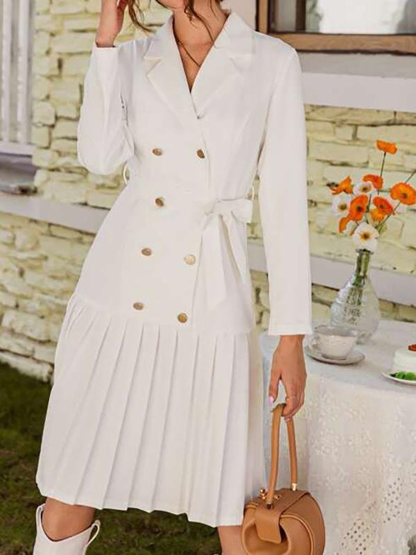 Double Button Belted Pleated Hem Dress - Dresses - INS | Online Fashion Free Shipping Clothing, Dresses, Tops, Shoes - Autumn - Color_White - Dresses