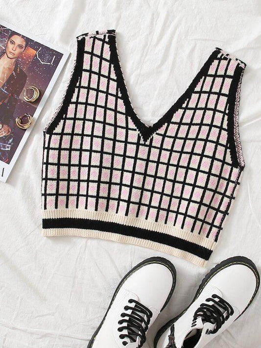 Double V Neck Plaid Sweater Vest - INS | Online Fashion Free Shipping Clothing, Dresses, Tops, Shoes