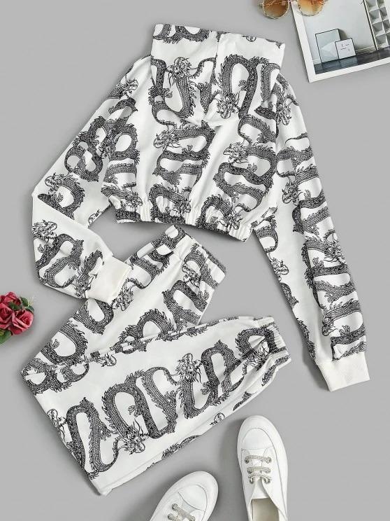 Dragon Oriental Cropped Sweat Two Piece Set - INS | Online Fashion Free Shipping Clothing, Dresses, Tops, Shoes