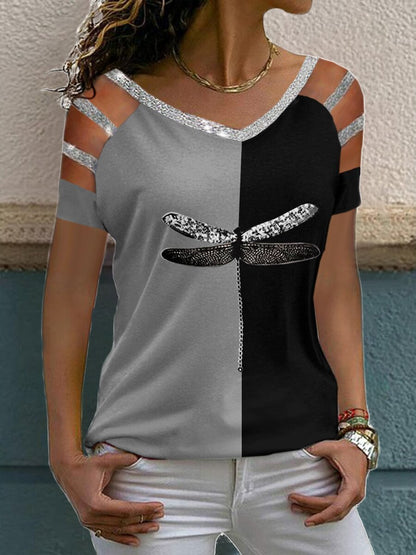 Dragonfly Print Short Sleeve V-Neck T-Shirt - T-Shirts - INS | Online Fashion Free Shipping Clothing, Dresses, Tops, Shoes - 10-20 - 26/07/2021 - Category_T-Shirts