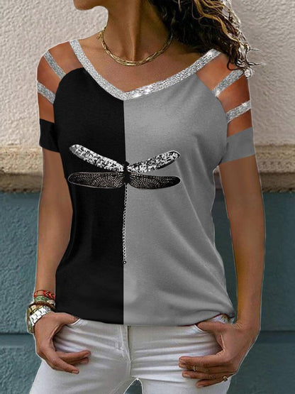 Dragonfly Print Short Sleeve V-Neck T-Shirt - T-Shirts - INS | Online Fashion Free Shipping Clothing, Dresses, Tops, Shoes - 10-20 - 26/07/2021 - Category_T-Shirts