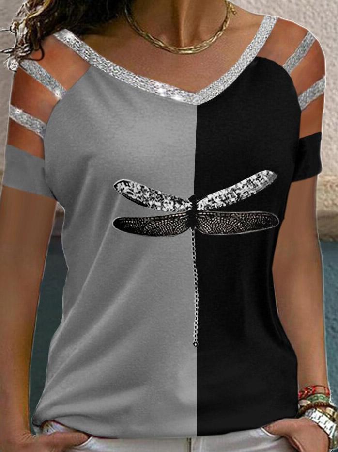 Dragonfly Print Short Sleeve V-Neck T-Shirt - T-Shirts - INS | Online Fashion Free Shipping Clothing, Dresses, Tops, Shoes - 10-20 - 26/07/2021 - Category_T-Shirts