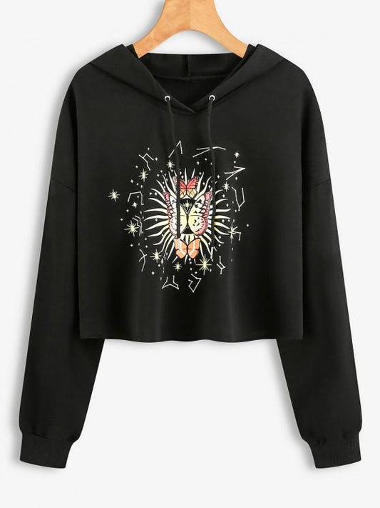 Drawstring Butterfly Graphic Raw Cut Hoodie - INS | Online Fashion Free Shipping Clothing, Dresses, Tops, Shoes