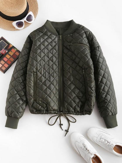 Drawstring Hem Zippered Front Quilted Jacket - INS | Online Fashion Free Shipping Clothing, Dresses, Tops, Shoes