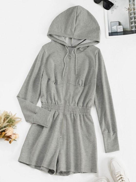 Drawstring Hooded Zip Front Sweat Romper - INS | Online Fashion Free Shipping Clothing, Dresses, Tops, Shoes