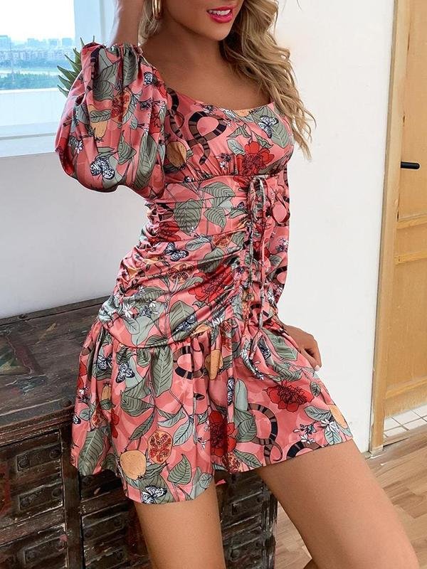 Drawstring Knot Floral & Butterfly Dress - Dresses - INS | Online Fashion Free Shipping Clothing, Dresses, Tops, Shoes - 01/30/2021 - Daily - Dresses
