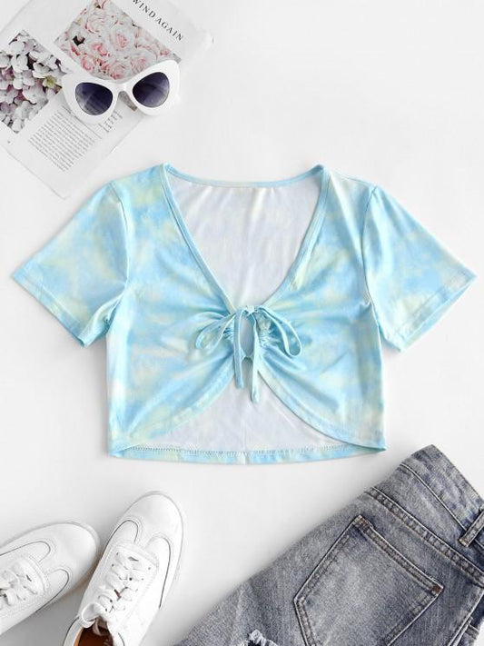 Drawstring Knot Tie Dye Cropped Tee - INS | Online Fashion Free Shipping Clothing, Dresses, Tops, Shoes