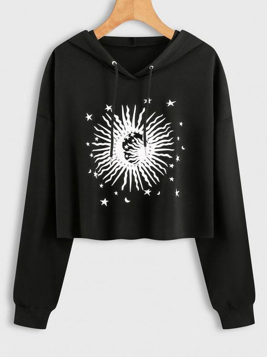 Drawstring Raw Cut Sun Graphic Hoodie - INS | Online Fashion Free Shipping Clothing, Dresses, Tops, Shoes