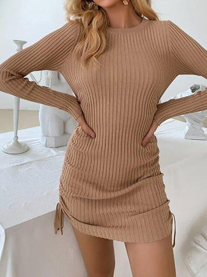 Drawstring Ruched Rib-knit Sweater Dress - Dresses - INS | Online Fashion Free Shipping Clothing, Dresses, Tops, Shoes - 02/02/2021 - Apricot - Autumn