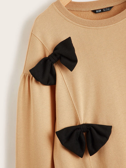 Drop Shoulder Bow Detail Split Hem Pullover - Sweatshirts - INS | Online Fashion Free Shipping Clothing, Dresses, Tops, Shoes - 01/29/2021 - Casual - Color_Khaki