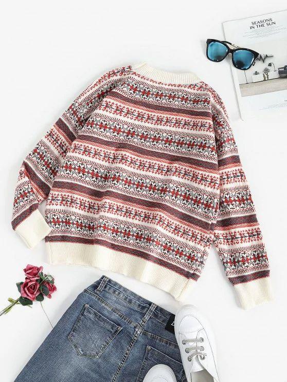 Drop Shoulder Crew Neck Fair Isle Knit Sweater - INS | Online Fashion Free Shipping Clothing, Dresses, Tops, Shoes