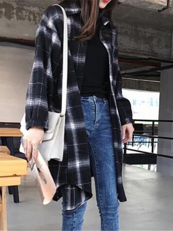 Drop Shoulder Curved Hem Plaid Coat - Coats - INS | Online Fashion Free Shipping Clothing, Dresses, Tops, Shoes - 02/03/2021 - Autumn - Basic