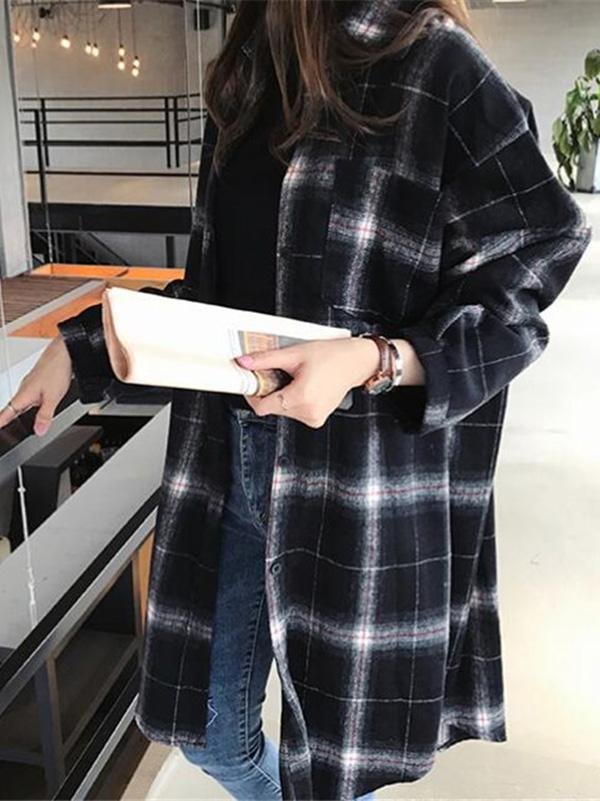 Drop Shoulder Curved Hem Plaid Coat - Coats - INS | Online Fashion Free Shipping Clothing, Dresses, Tops, Shoes - 02/03/2021 - Autumn - Basic