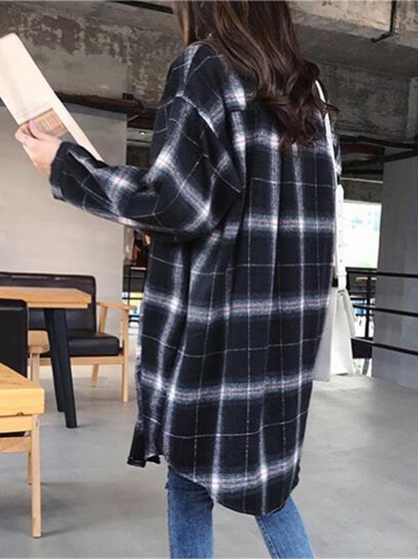 Drop Shoulder Curved Hem Plaid Coat - Coats - INS | Online Fashion Free Shipping Clothing, Dresses, Tops, Shoes - 02/03/2021 - Autumn - Basic