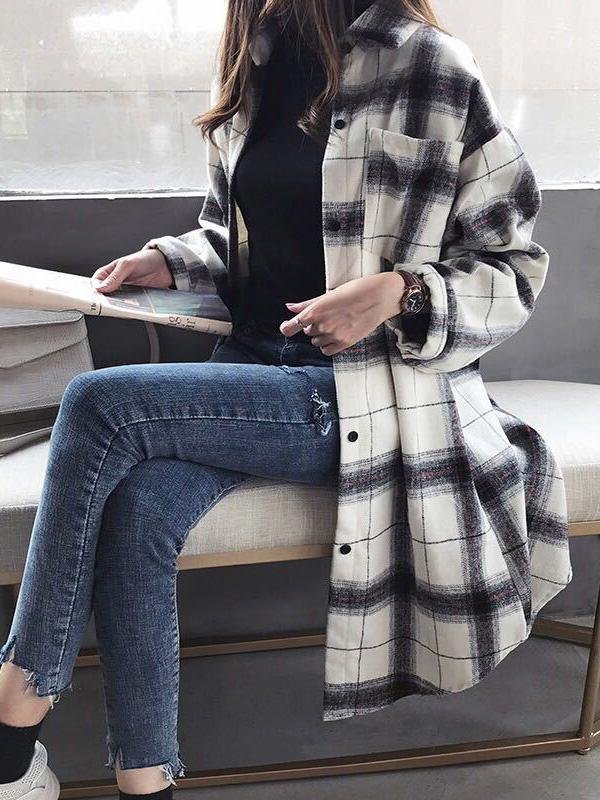 Drop Shoulder Curved Hem Plaid Coat - Coats - INS | Online Fashion Free Shipping Clothing, Dresses, Tops, Shoes - 02/03/2021 - Autumn - Basic