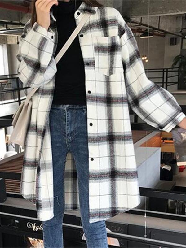 Drop Shoulder Curved Hem Plaid Coat - Coats - INS | Online Fashion Free Shipping Clothing, Dresses, Tops, Shoes - 02/03/2021 - Autumn - Basic