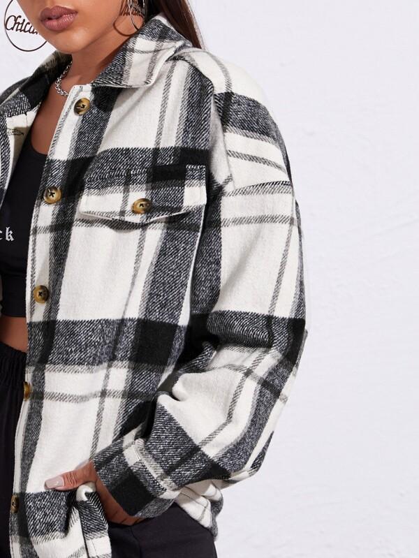 Drop Shoulder Flap Detail Plaid Coat - Coats - INS | Online Fashion Free Shipping Clothing, Dresses, Tops, Shoes - 02/03/2021 - Autumn - Basic