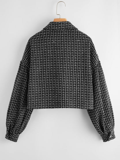 Drop Shoulder Flap Pocket Grid Tweed Jacket - INS | Online Fashion Free Shipping Clothing, Dresses, Tops, Shoes