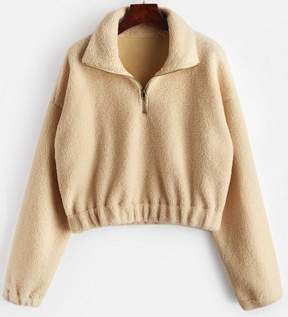 Drop Shoulder Half Zipper Placket Teddy Pullover - Sweatshirts - INS | Online Fashion Free Shipping Clothing, Dresses, Tops, Shoes - 01/29/2021 - Beige - Casual